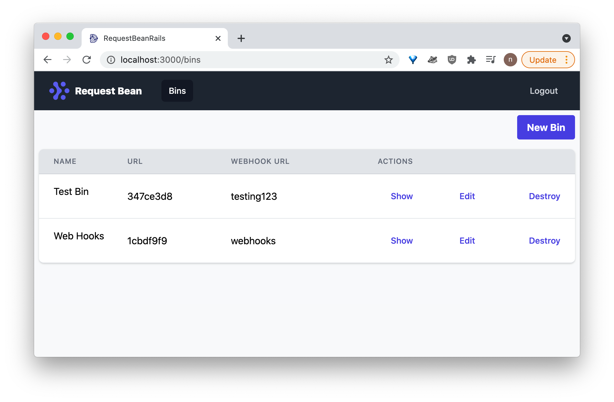Screenshot of the Request Bean app